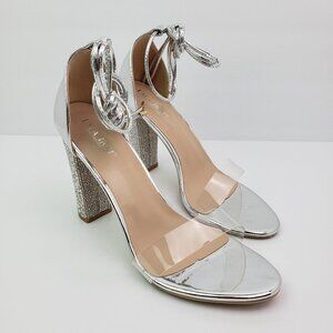 Lala Ikai Womens Size 40 US 9 Silver Rhinestone Ankle Tie Party 4.5" Block Heels
